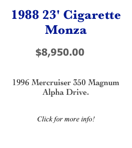 1988 23' Cigarette Monza

          $8,950.00


1996 Mercruiser 350 Magnum
Alpha Drive.


Click for more info!
